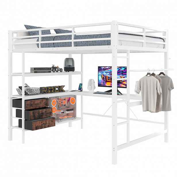OKWISH VYSOKÁ postel 140/200 cm bílá s LED osvětlením a psacím stolem z kovu a MDF