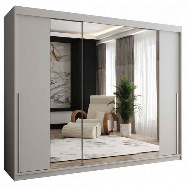 Home Collective SKŘÍŇ S POSUVNÝMI DVEŘMI se zrcadlem, šířka 250 cm, bílá se stříbrným úchytem
