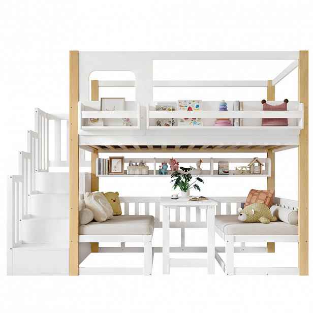 OKWISH PATROVÁ postel 90/200 cm bílá/přírodní z borovice a MDF se skládacím stolem