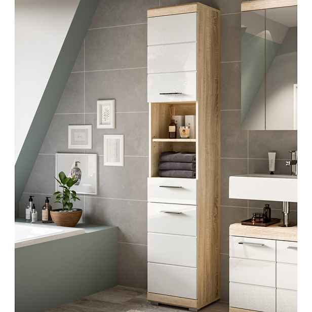 Vysoká koupelnová skříňka Lambada, dub sonoma/bílá lesk