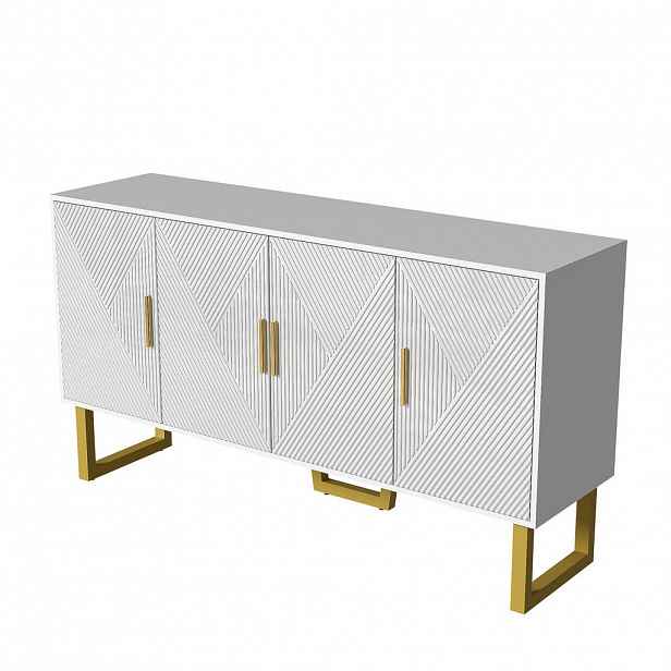 Modfu KOMODA z MDF a dřevotřísky 150x40x82 cm bílá se 4 dvířky, nastavitelnými policemi a vysokým leskem