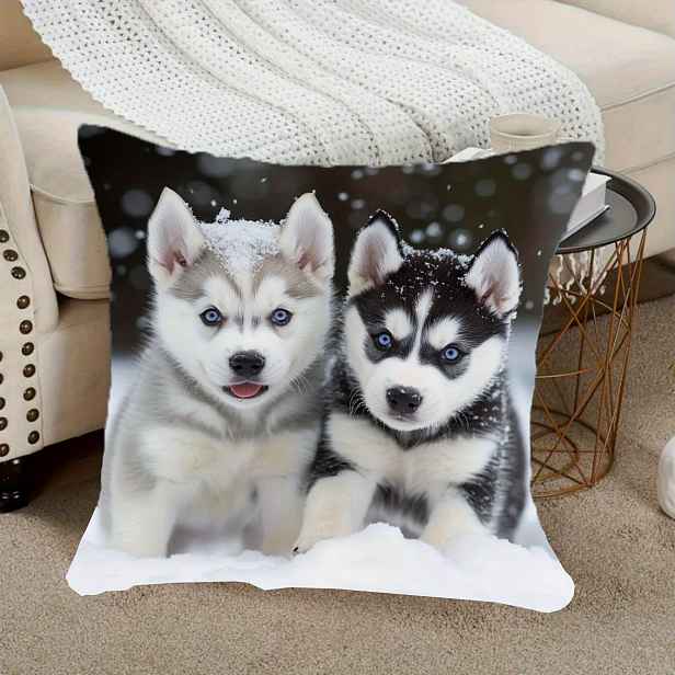 TEMU 1ks Polštářový potah s Sibiřských husky v sněhu - Měkký polyester, krátký plyš, 17,7x17,7 palce čtvercový, zip, pratelné, moderní dekorace do