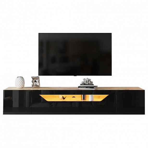 Modfu TV skříňka z dřevotřísky 180x37x36 cm černá a v dekoru přírodního dřeva, nástěnná s LED osvětlením a úložným prostorem