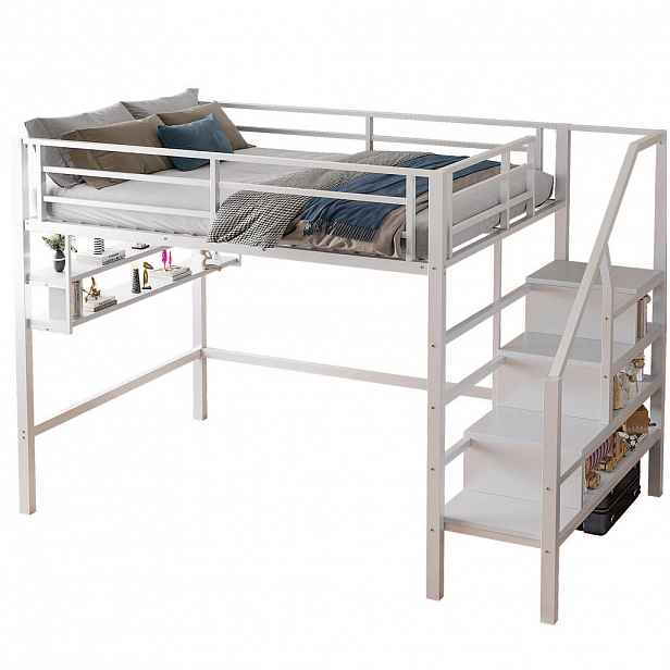 OKWISH VYSOKÁ postel 140/200 cm bílá s policemi a úložným žebříkem z kovu a MDF