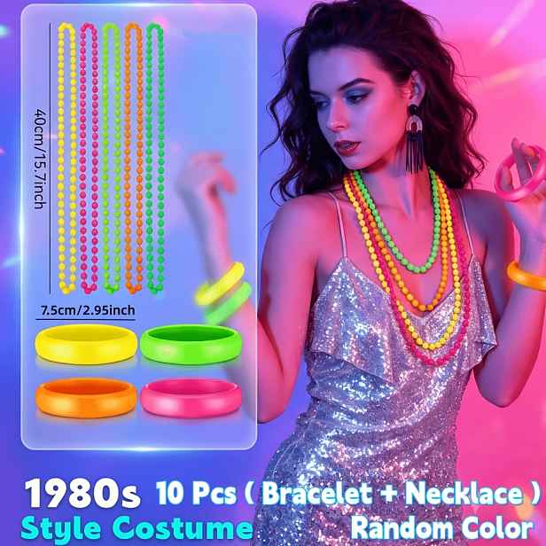 TEMU 10ks Svítící ve tmě party potřeby Neonové party dárky Šperky Korálkové náhrdelníky Náramky Neonové doplňky, Sada doplňků kostýmů pro ženy z 80.