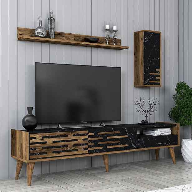 TV stěna / Sestava pod TV Valensiya - Walnut, Black, Marble