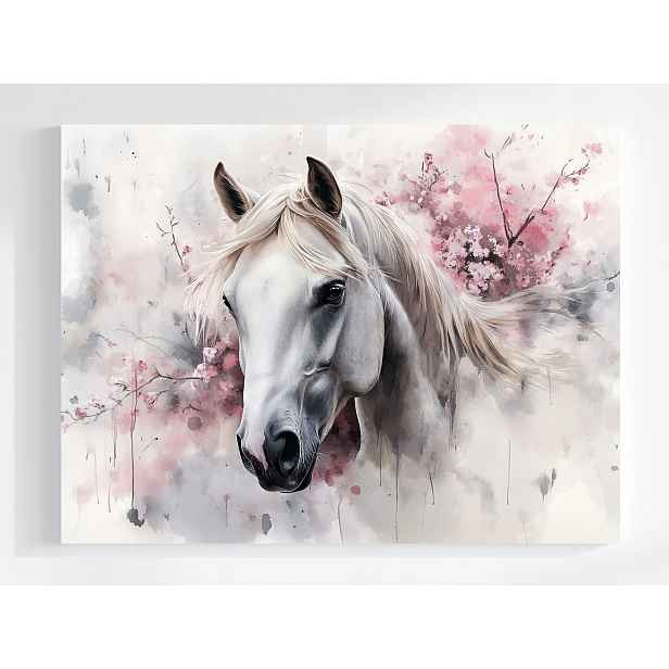 Obraz Na Plátně Canvas Bílý Kůň Růžové Květy Hříva Portrét 80x60