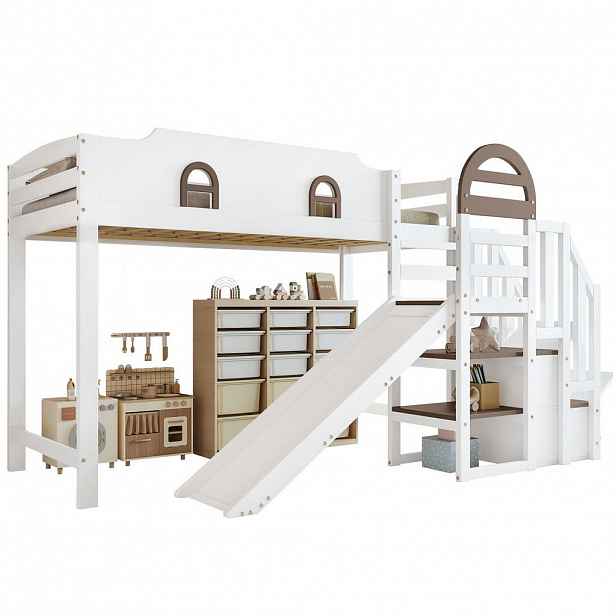 OKWISH PATROVÁ postel 90/200 cm bílá se skluzavkou a úložným prostorem z borovice a MDF