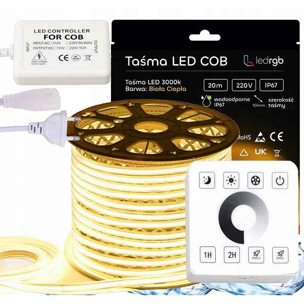 Set Led pásek Cob 230V 20 m 3000K Bílý Teplý Napájecí Zdroj Ovladač Dálkový Ovladač