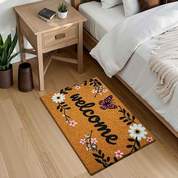 TEMU [Produkt] [Fleece a 1 cm silný houbový materiál] Zábavná rohožka | Rohožka s potiskem uvítacího motivu motýlího věnce, vhodná do ložnice,
