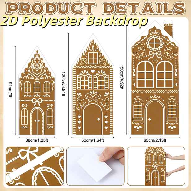TEMU 2D plochá, 2D plochá - 2D plochá, 2D plochá - 2D vánoční panáčkový dům pozadí sada 3 kusů, stylizovaný design panáčkového domu, velká nástěnná