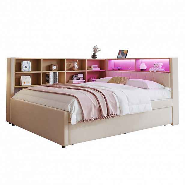 CHICFURN ROZKLÁDACÍ POHOVKA 140/200 cm & 90/190 cm v béžové barvě s LED, USB a policemi