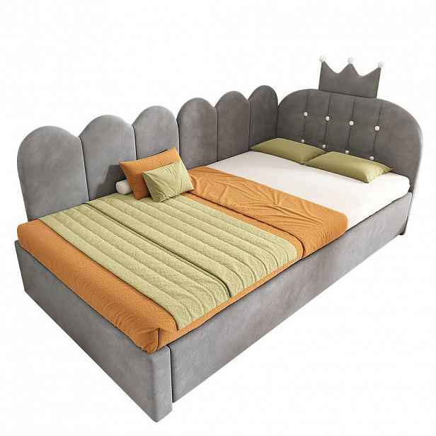OKWISH ROZKLÁDACÍ postel 90/200 cm šedá ze sametu s výsuvným lůžkem a opěrkou s korunkou