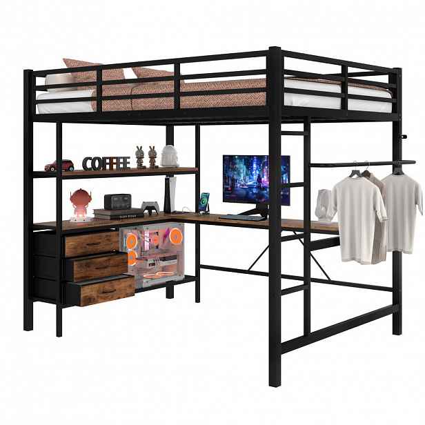 OKWISH VYSOKÁ postel 215,2/148,2/180,6 cm černá s LED osvětlením a stolem z kovu a MDF