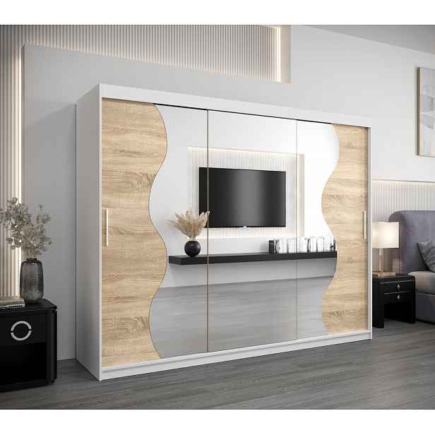 Šatní skříň ROZALIE - šířka 250 cm, bílá / dub sonoma