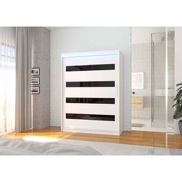 Šatní skříň s LED osvětlením 150 cm DAKTIS - bílá / černá