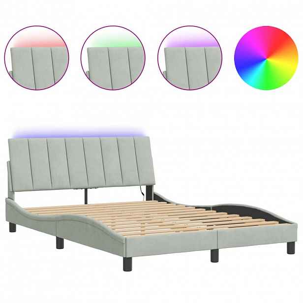 vidaXL Rám postele s LED osvětlením bez matrace Hanko světle šedý 140 x 190 cm samet