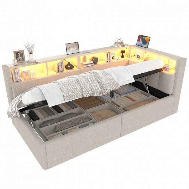 OKWISH DENNÍ postel 90/200 cm béžová z lnu s LED osvětlením a úložným prostorem