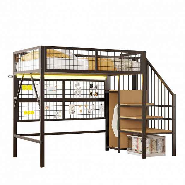 OKWISH VYSOKÁ postel 255/95/170 cm černá s LED a úložnými schody z kovu a MDF