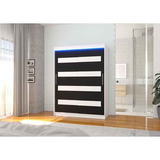 Šatní skříň s LED osvětlením 150 cm DAKTIS - bílá / černá / bílá