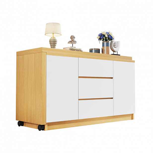 Modfu PSACÍ stůl z dřevotřísky 120x50x76,5 cm bílá/dub s otočnou deskou 360°, uzamykatelnými kolečky a úložným prostorem