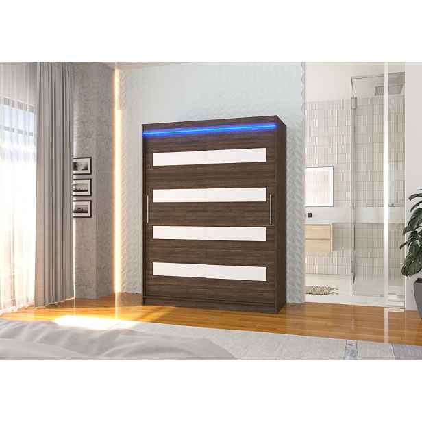 Šatní skříň s LED osvětlením 150 cm DAKTIS - tmavě hnědá / bílá