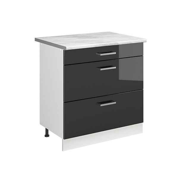 Vicco SPODNÍ SKŘÍŇKA KUCHYŇSKÉ LINKY R-Line, Antracitový vysoký lesk/Bílá, 80 cm se 3 zásuvkami pracovná doska Mramor