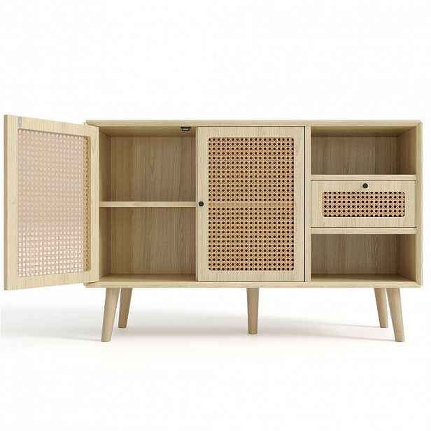 Modfu KOMODA z MDF 120x40x80 cm dubová se zásuvkou, 2 dvířky, nastavitelnými policemi a ratanovým vzhledem