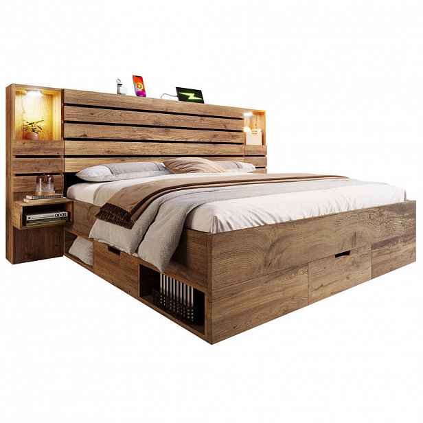 OKWISH MANŽELSKÁ postel 180/200 cm dubová z MDF a kovu s LED bodovkami, USB-C a úložným prostorem
