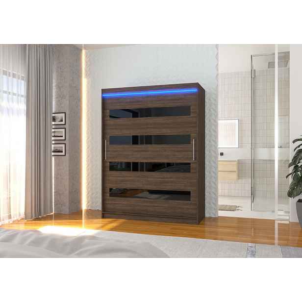 Šatní skříň s LED osvětlením 150 cm DAKTIS - tmavě hnědá / černá