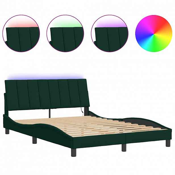 vidaXL Rám postele s LED osvětlením bez matrace Hanko tmavě zelený 140 x 190 cm samet