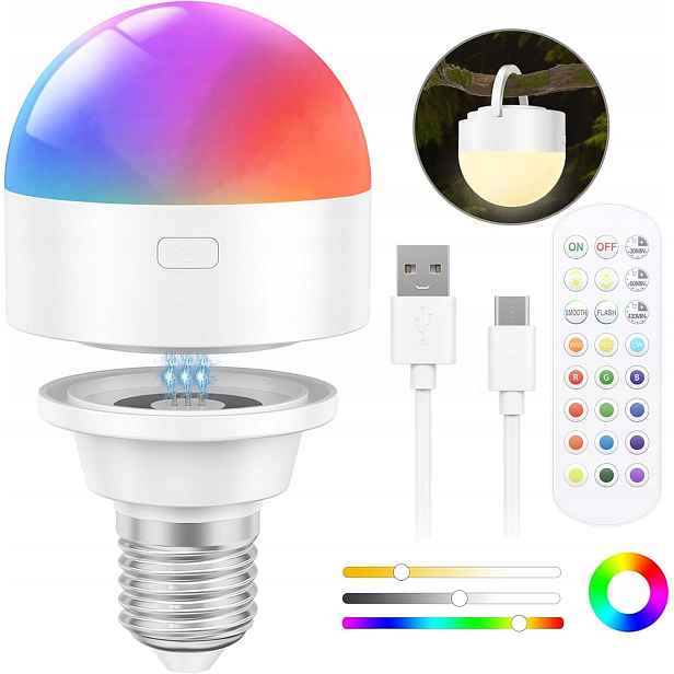 Led Žárovka E27 Akumulátorová Rgb Usb-c Dálkový Ovladač Časovač Magnet Nouzová 3W