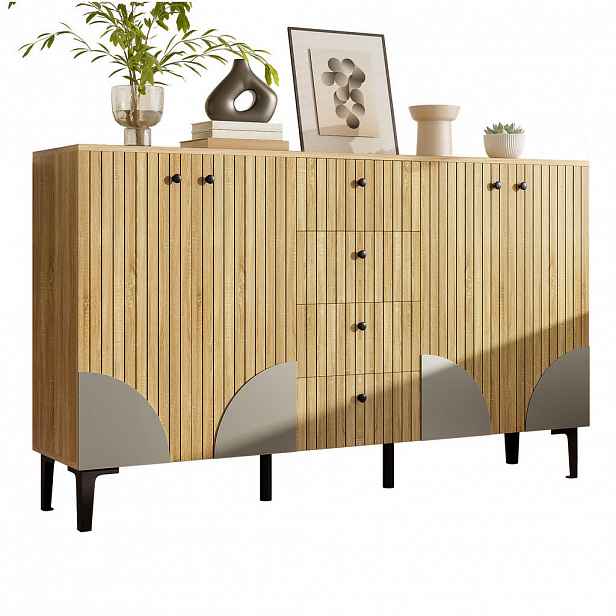 Modfu KOMODA z dřevotřísky 160x36x94 cm v dekoru dřeva se 4 dvířky a 4 zásuvkami, s velkým úložným prostorem