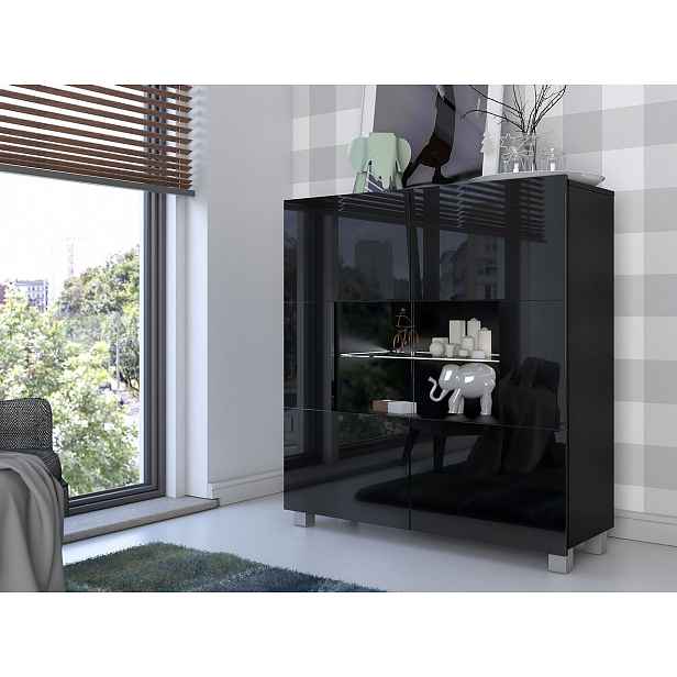 Prosklená komoda s LED modrým osvětlením CHEMUNG - černá / lesklá černá