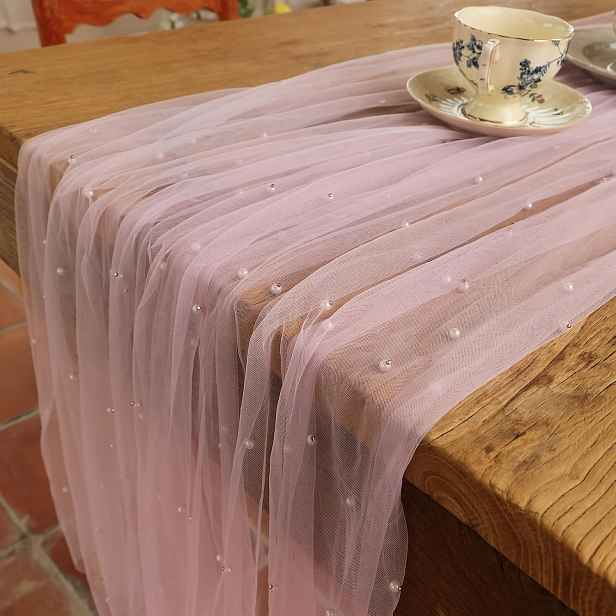 TEMU 10ft Krajkový běhoun na stůl s perlovými ozdobami - 29,5x120 palců tylový šifonový materiál, elegantní růžovo-bílý svatby, narozeniny a party
