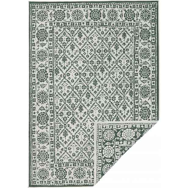 Koberec na terasu 160 x 230 cm, zeleno krémový oboustranný plochý tkaný provázkový materiál