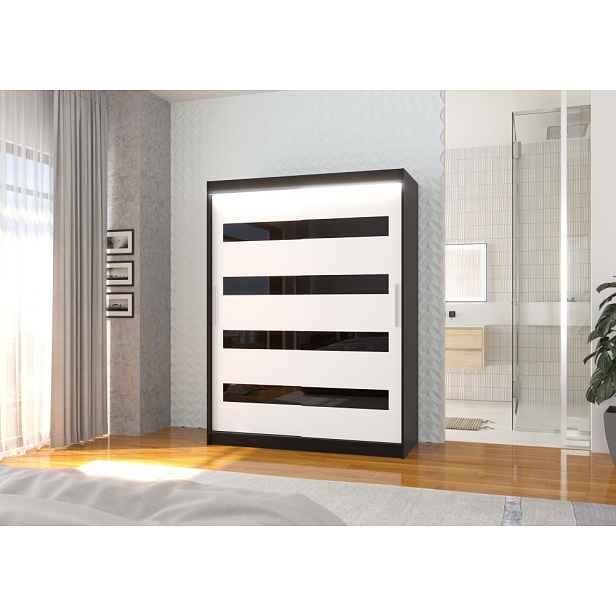 Šatní skříň s LED osvětlením 150 cm DAKTIS - černá / bílá / černá