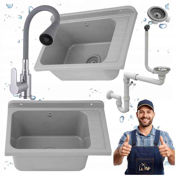Technický Dřez Šedý s elastickou baterií pro garážové prádelny