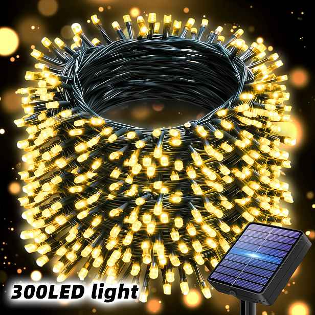 TEMU Solární pohádkový světelný pásek, 12 režimů venkovního světelného pásku, 300/200/100 LED zahradní tmavě zelené liniové světlo, funkce snímání