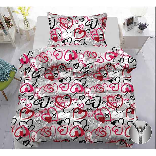 TP Hebké povlečení 140x200+70x90 Red-Black Hearts