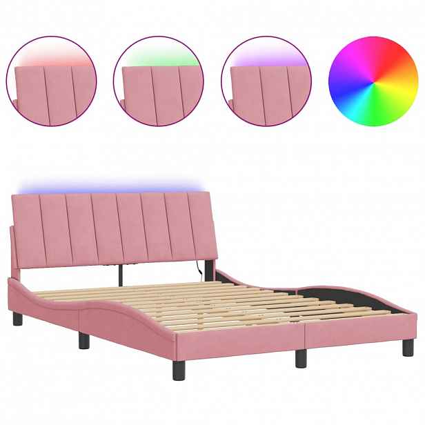 vidaXL Rám postele s LED osvětlením bez matrace Hanko růžový 140 x 190 cm samet