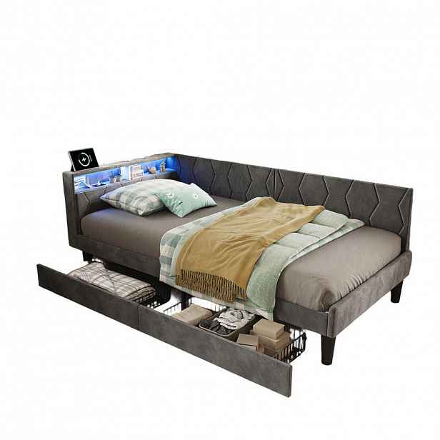 SHOPENTRA ČALOUNĚNÁ postel 90x200cm šedý samet, zásuvky, úložný prostor, LED, USB-C