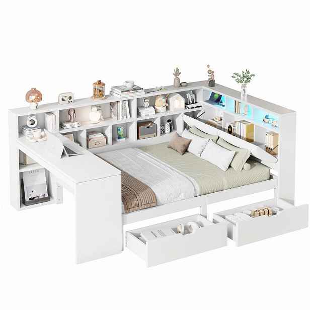 OKWISH ROHOVÁ postel 140/200 cm bílá z MDF a překližky s psacím stolem, regálem a LED