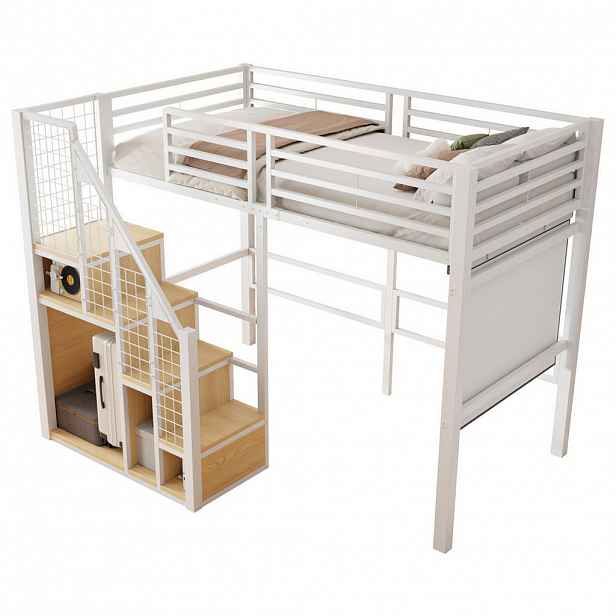 OKWISH PATROVÁ postel 140/200 cm bílá z kovu a MDF s úložným prostorem