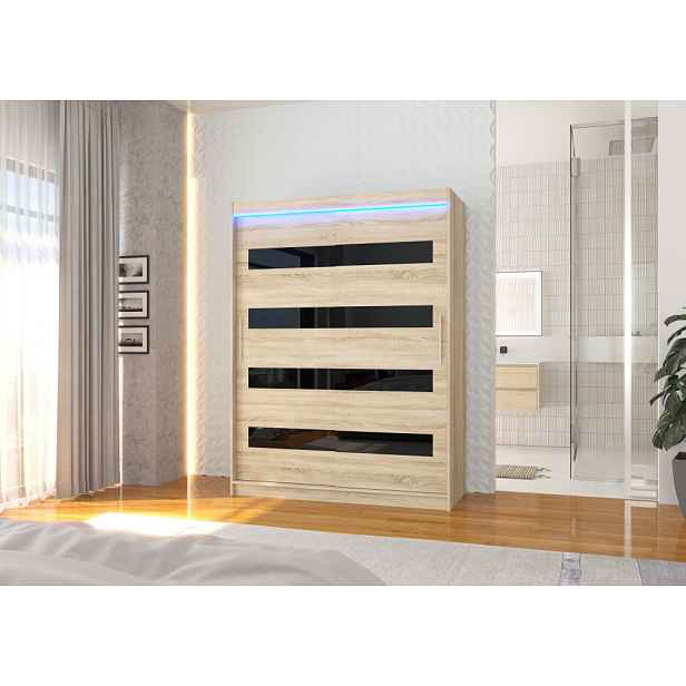 Šatní skříň s LED osvětlením 150 cm DAKTIS - dub sonoma / černá