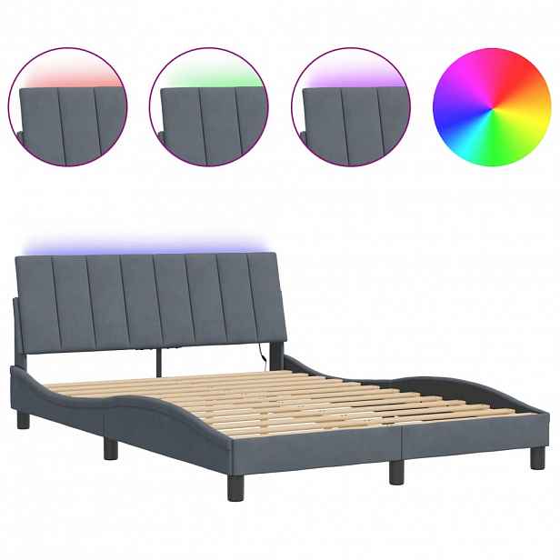 vidaXL Rám postele s LED osvětlením bez matrace Hanko tmavě šedý 140 x 200 cm samet