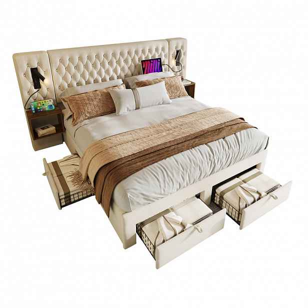 CHICFURN POSTELOVÁ SESTAVA 160/200 cm v béžové barvě se 4 zásuvkami, lampičkami, USB a Type-C
