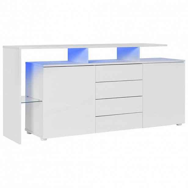 Modfu KOMODA z dřevotřísky 160x70x35 cm bílá s LED osvětlením, USB a 4 zásuvkami