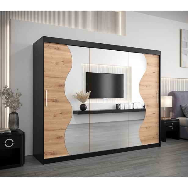 Šatní skříň ROZALIE - šířka 250 cm, černá / dub artisan
