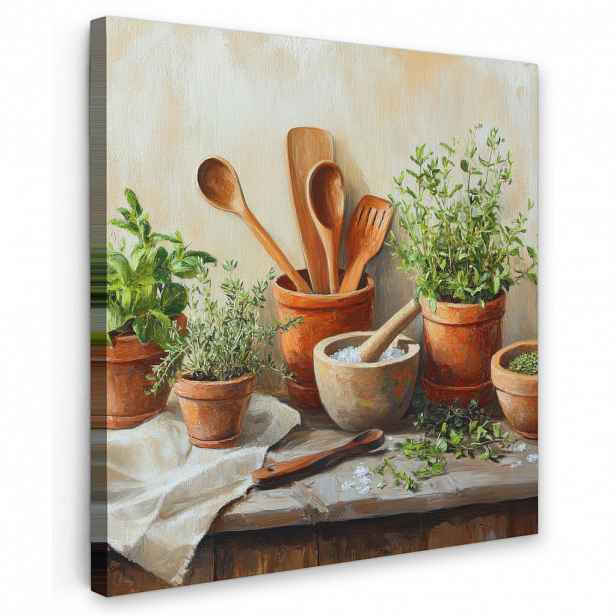 MuchoWow OBRAZ NA PLÁTNĚ Hrnce - Bylinky - Dřevo 50x50 cm